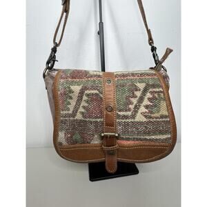 Myra Bag Purse Leather Trim Green Brown Aztec Crossbody Purse